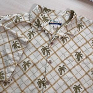 Kahala Shirt Mens XL Cream Silk Palm Tree Lattice Print Button Up Short Sleeve